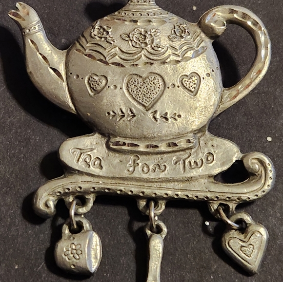 Jewelry Vintage Spoontiques Etched Pewter Tea For Two Teapot Brooch